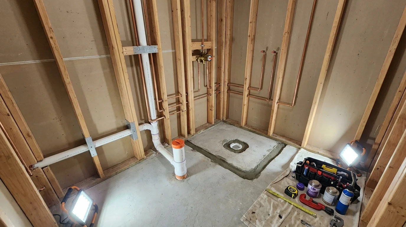 Bathroom rough-in plumbing during remodel by Johns Plumbing LLC in Saint Henry