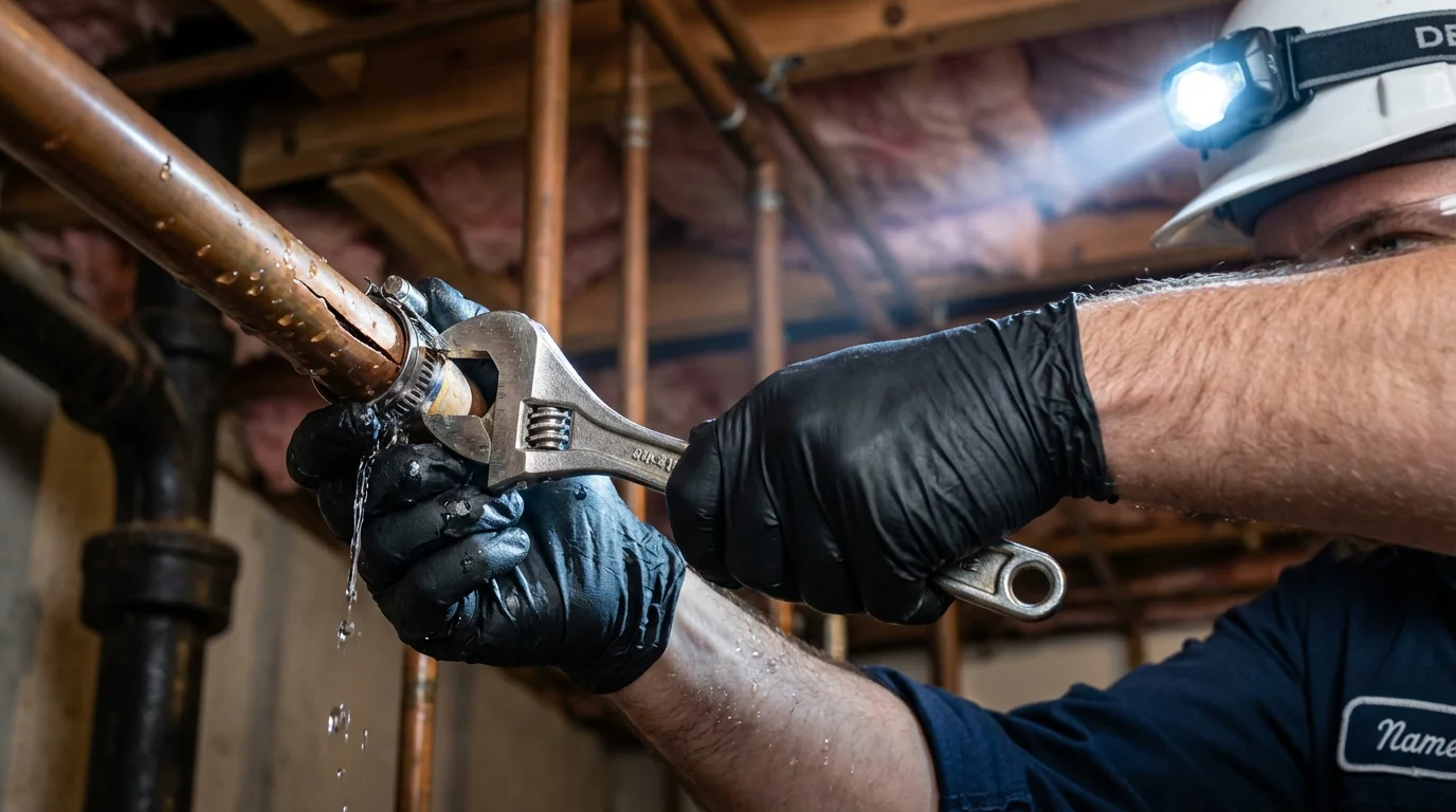 Emergency pipe clamp repair being performed by a Johns Plumbing LLC plumber in Saint Henry