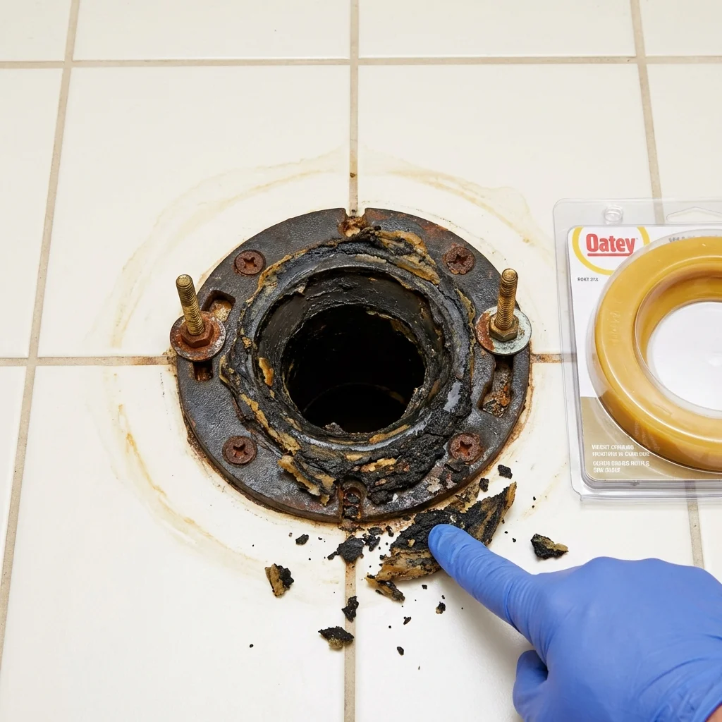 Failed wax ring showing water seepage at the base of a toilet in a Saint Henry, OH home