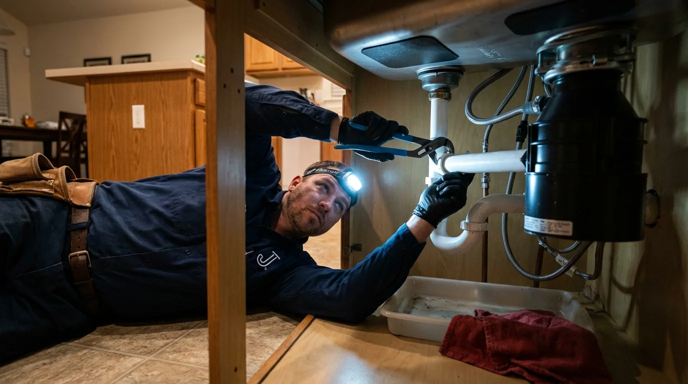 P-trap and supply line connections under a kitchen sink showing a common leak point in Saint Henry, OH